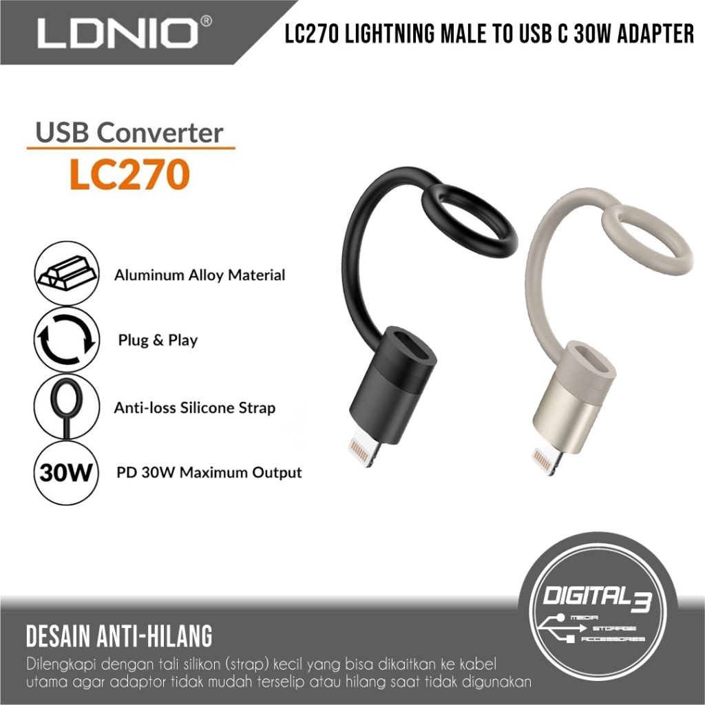 LDNIO LC270 Lightning Adapter Male to USB Type C Female PD 30W Fast Charging Data Sync Converter อลูมิเนียมอัลลอยด์พรีเมี่ยม - ของแท้