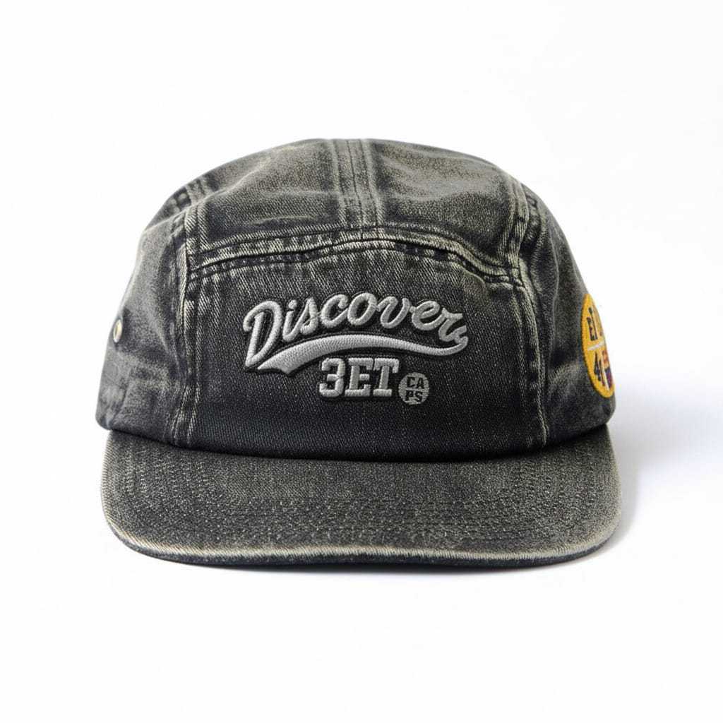 หมวก 5 แผง / Unisex 2025 ล่าสุด Denim Wash Motif หมวกเย็บปักถักร้อย Discovery 3ET Blackwash อินเทรนด