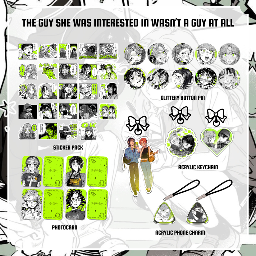 THE GUY SHE WAS ร่วมกันใน WASNT GUY AT ALL MANGA MERCH | แพ็คสติ๊กเกอร์ 24 ชิ้น | พวงกุญแจอะคริลิก | เสน่ห์โทรศัพท์ | GLITTERY HOLOGRAM STAR โฟโต้การ์ด | หมุดแวววาว