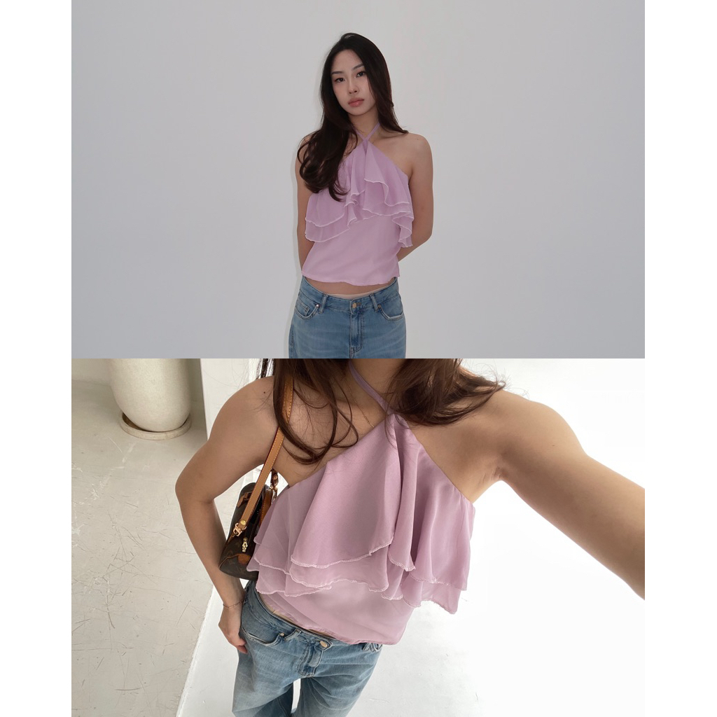 ฟริล ฮาลเตอร์ | Maison Cher Tassel Top Ruffle Tank ชิฟฟ่อน Coquette Basic อย่างเป็นทางการ Casual