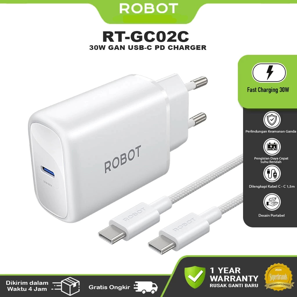 เครื่องชาร์จหุ่นยนต์ RT-GC02C GaN 30W พร้อมสาย - RT- GC02 Adaptor GaN 30W
