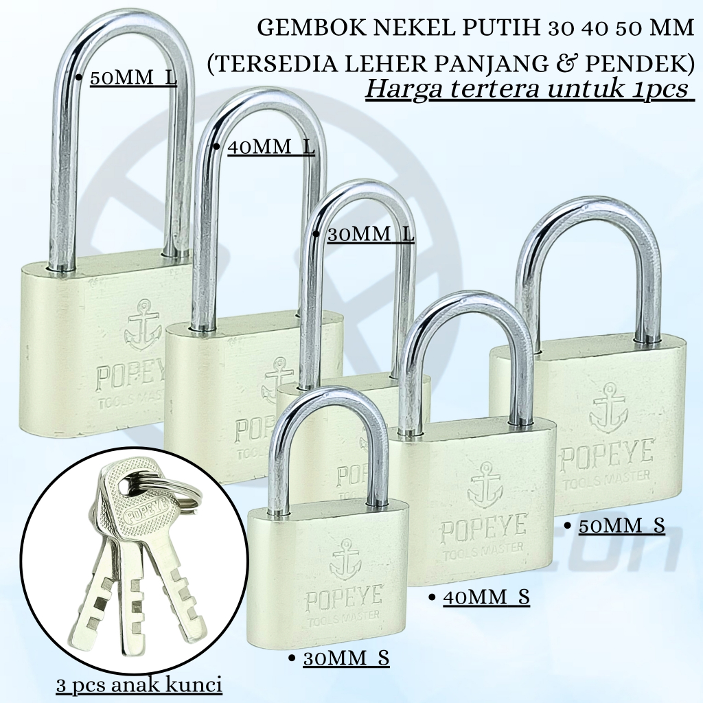 กุญแจนิกเกิลสีขาว/ขนาด 30S/30L/40S/40L/50S/50L/กุญแจนิรภัยรวม 3 ปุ่ม