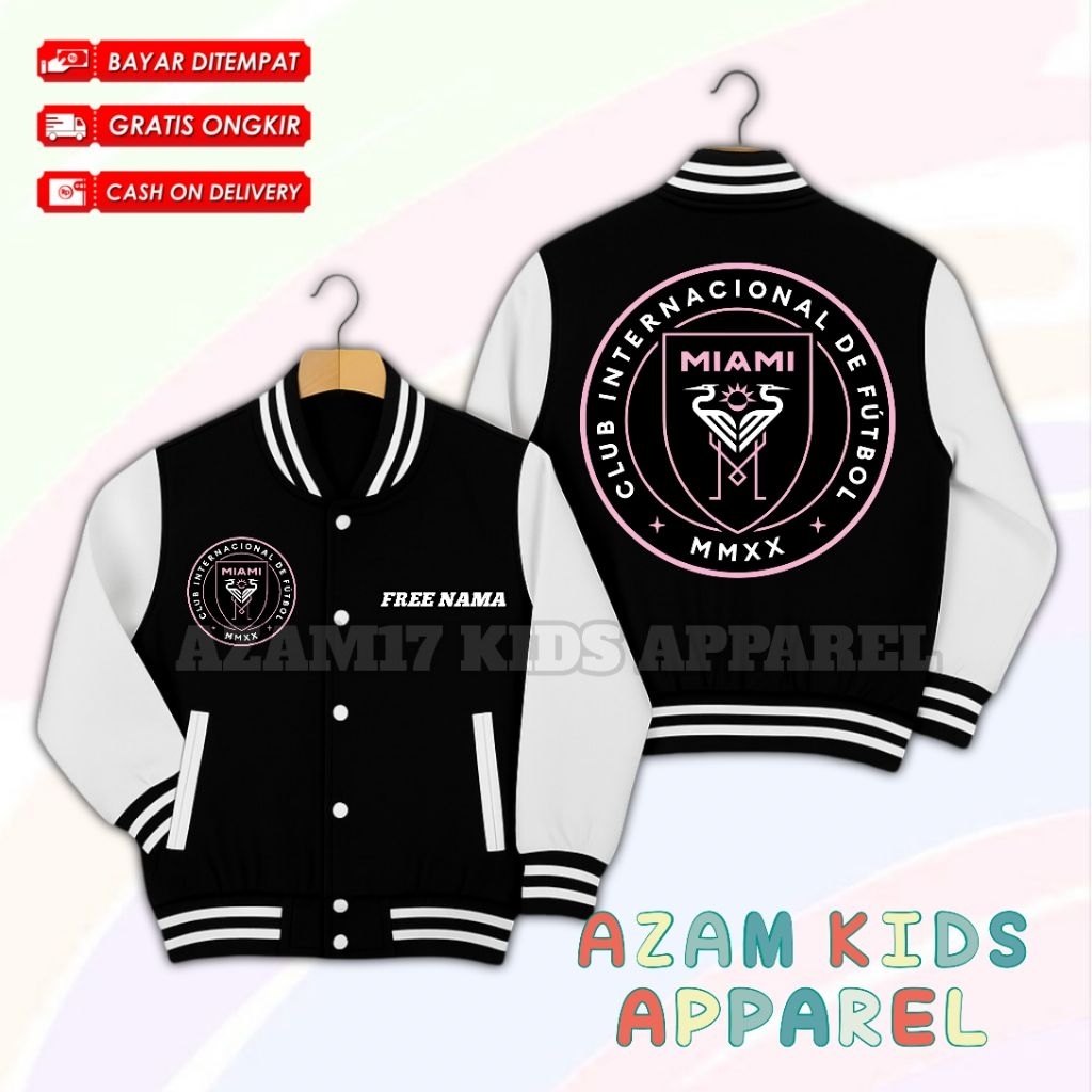 เสื้อแจ็คเก็ตเบสบอลเด็ก Inter Miami ล่าสุด Varsity Jacket ชื่อฟรี / Inter Miami Lionel Messi Footbal