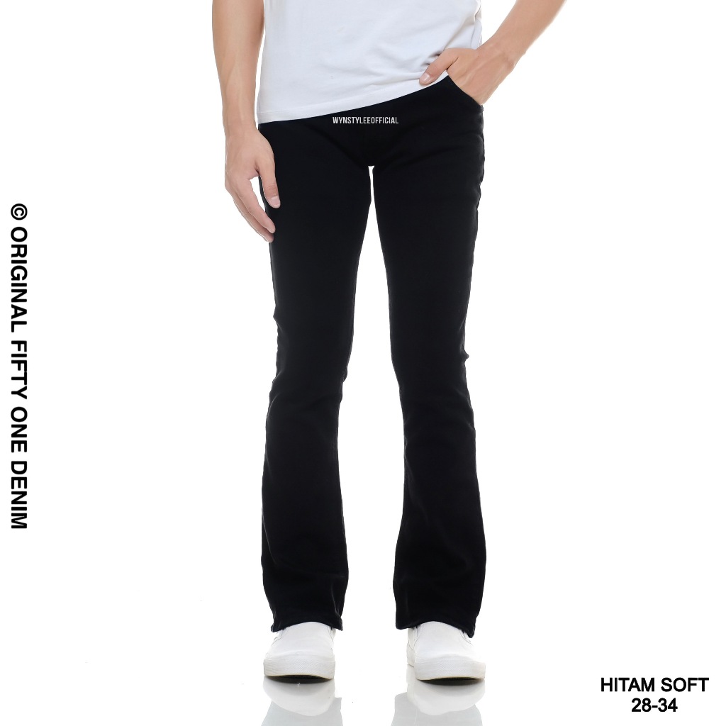 ผู้ชายยาว cutbray กางเกงยีนส์สีดํานุ่มสีดํายืด DENIM วัสดุ DENIM Bootcut กางเกงกึ่ง Cutbray Fiftyone