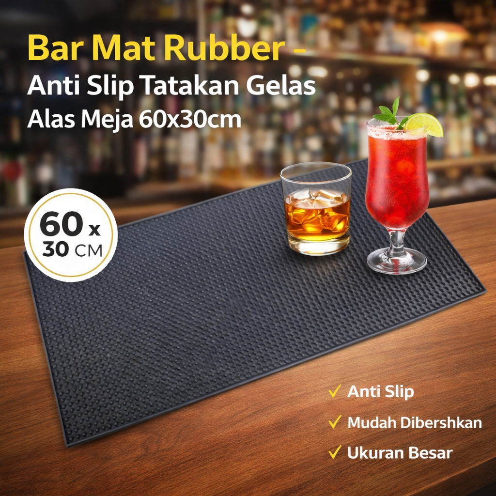 One Two Cups Bar Mat Rubber Anti-Slip Coaster Table Mat 60x30cm/ 30x15cm - สีดํา