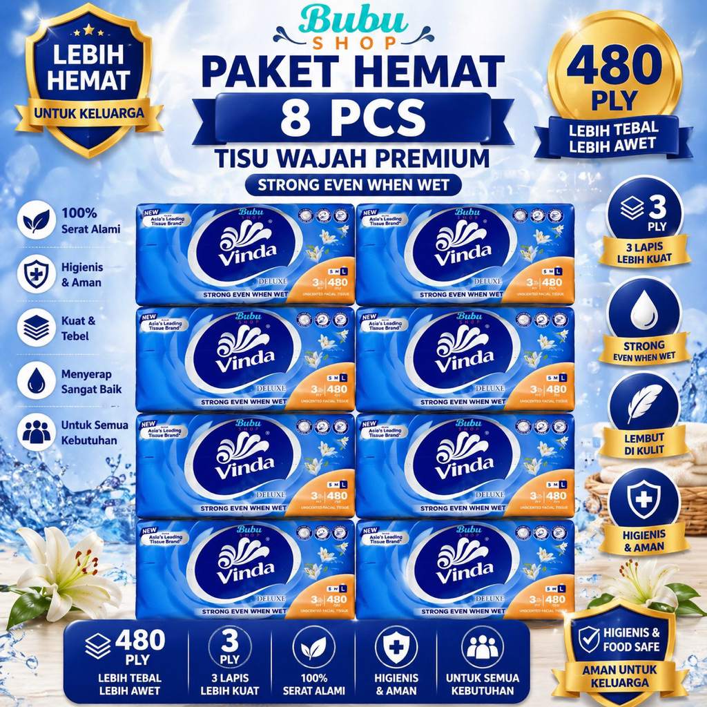 (แพ็คเกจ 8 ชิ้น) VINDA 480 ชั้น ทิชชู่ / ทิชชู่ / แผ่น 3 ชั้น (แพ็คเกจ 8 ชิ้น)