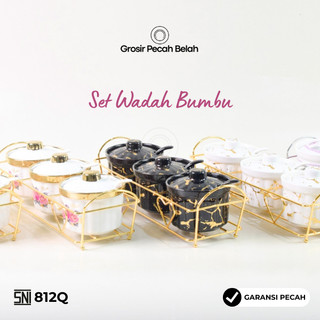 Fiorenza - Tempat Bumbu Keramik Set Rak Wadah Dapur Estetik Porselain Kithenware | Motif Marble Linning Gold Emboss Bunga Rose Gold 812Q