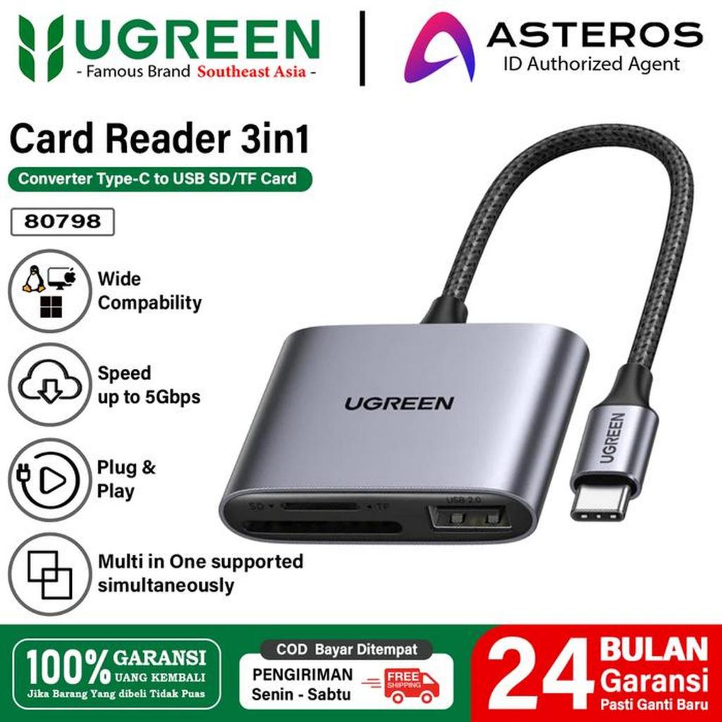 UGREEN เครื่องอ่านการ์ด Type C to SD TF Card, Micro SD, USB 2.0 - 80798 USB C