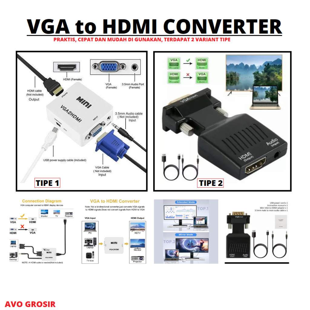 ตัวแปลง VGA เป็น HDMI พร้อมตัวแปลงเสียง VGA เป็น HDMI