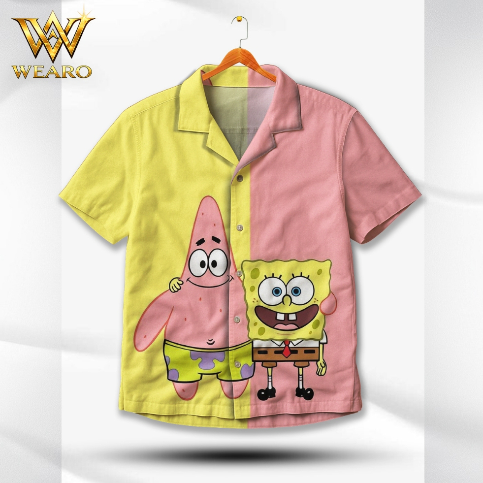 KEMEJA WEARO Spongebob Patrick bottom Cartoon Printing Shirt Viral Unique Stylish Yellow Pink – เสื้