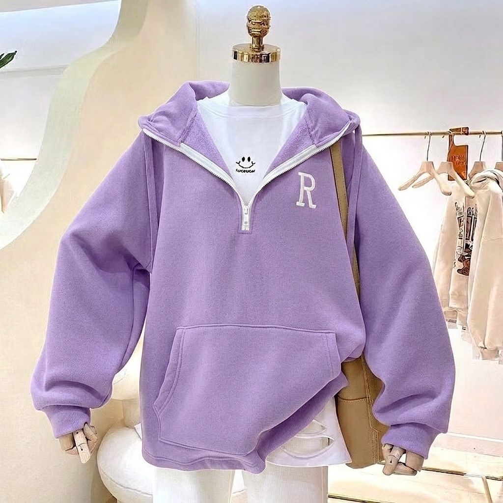 UNGU Just Jacket - HALF ZIP EMBROIDERY (CUSTOM LETTERS) ขนาดใหญ่ (S - XXXXXXL 6XL) Zip Hoodie สไตล์เ