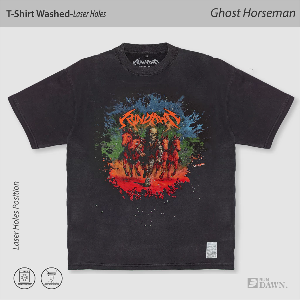 Rundawn เสื้อยืดซักผ้า Unisex – เสื้อวิ่งแขนสั้นวินเทจ – เสื้อซักผ้า • Ghost Horseman