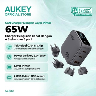 AUKEY Charger GaN 65W PA-B8U 3 Port USB C Smart Display Travel Adaptor iPhone 17 16 15 Samsung MacBook Laptop Original