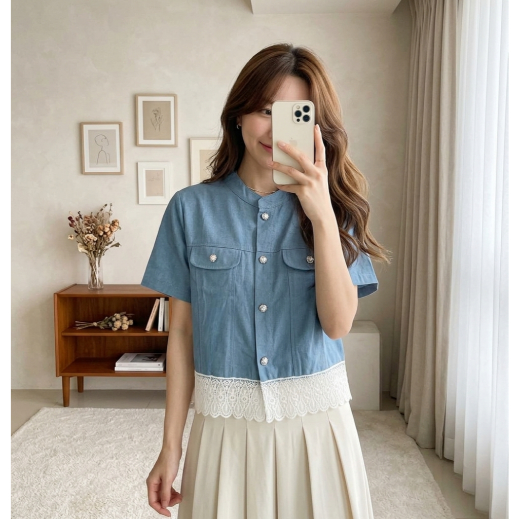 [COTTON BELLS] Glenca Top - เสื้อทํางานผ้าเดนิมลูกไม้ผู้หญิงระดับพรีเมียมที่หรูหรา (CV - BL 185)