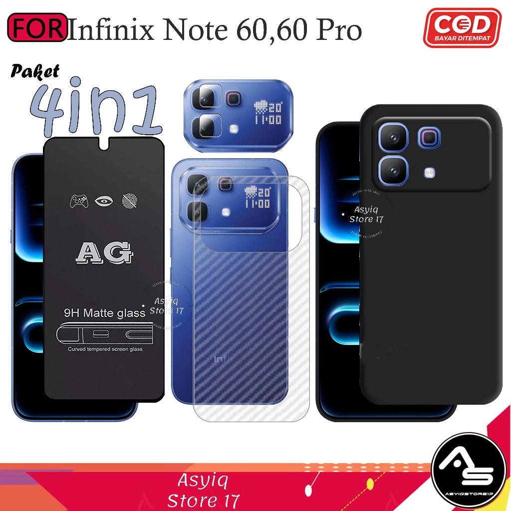 แพ็คเกจเคสกระจกนิรภัย 4-in-1 AG Matte Infinix Note 60 60 Pro Softcase Slim Black Protect Camera