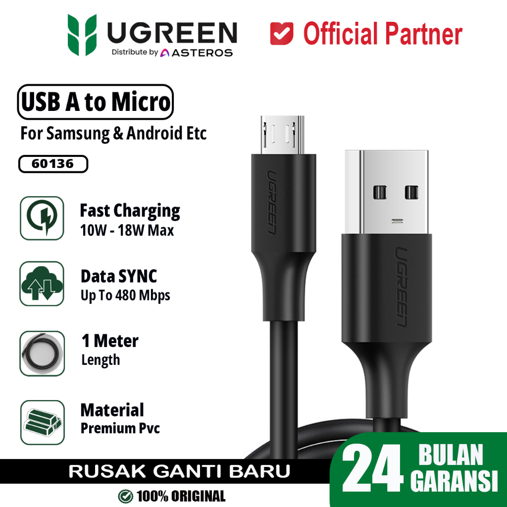 UGREEN Micro USB Fast Charging Data Cable 18W Premium PVC 1M 2M US289 60136 60138 เดิม