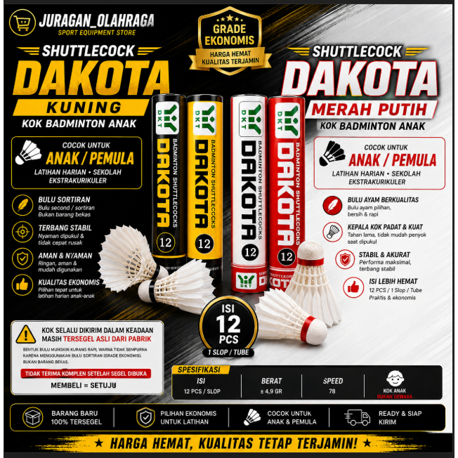 MERAH SHUTTLECOCK DAKOTA RED WHITE / DAKOTA YELLOW BLACK ORIGINAL DKT LOGO CHILDREN