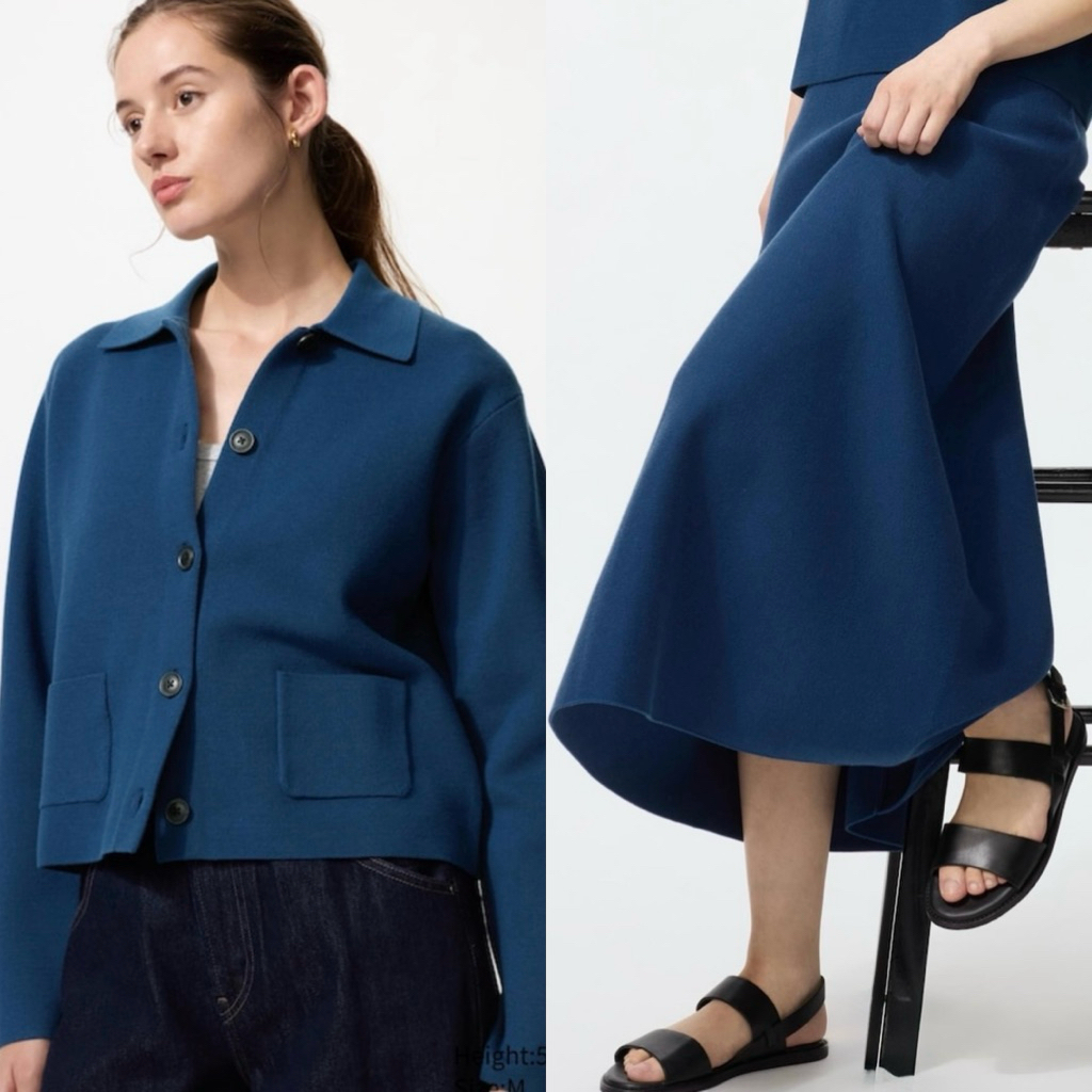 Uniqlo-Preloved Milano Rib Blue Knit Jacket Size M และ Milano Rib Flare Washable Skirt (ชุดจับคู่) ส