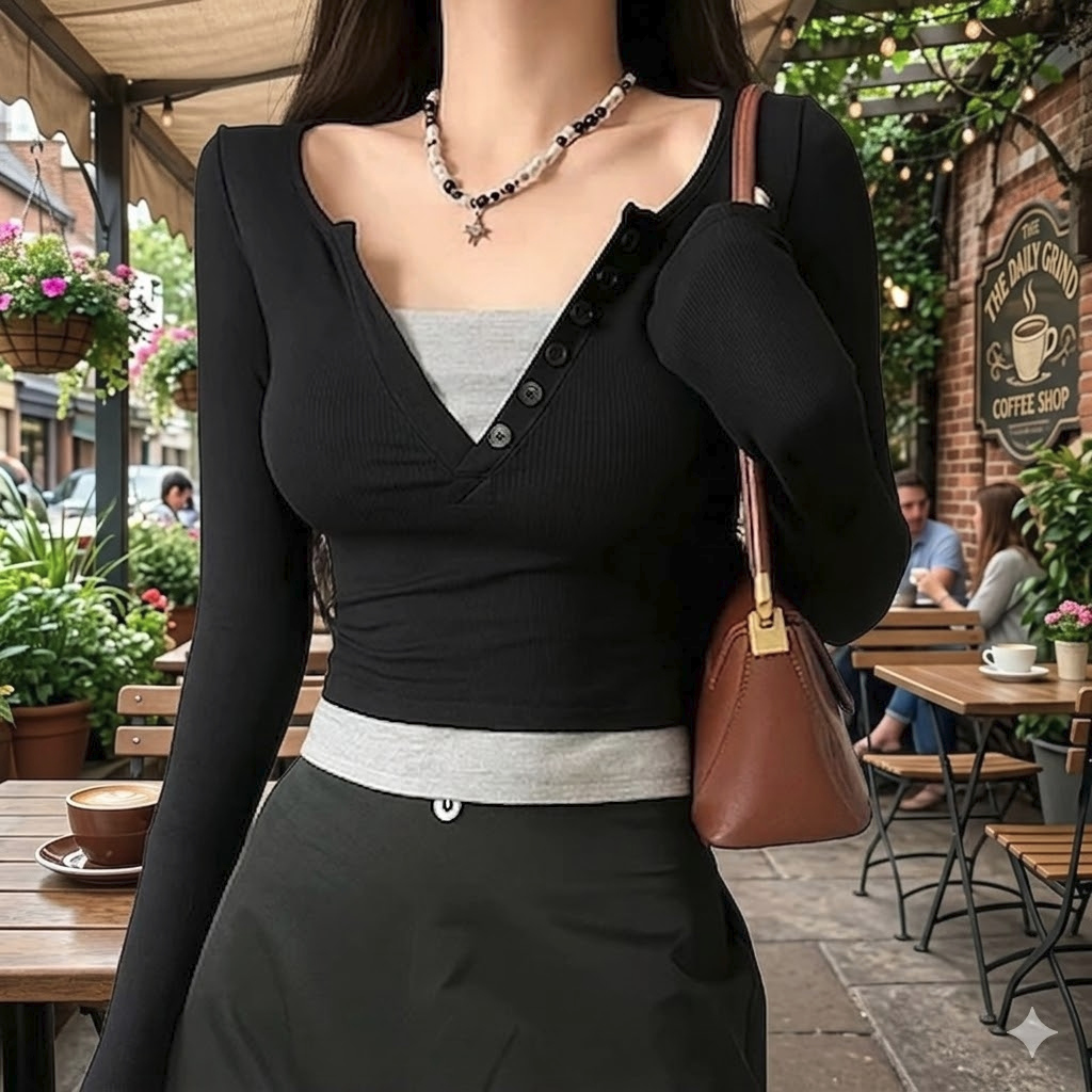 LONGSLEEVE HENLEY Womens Top -01 LS Henley Knit Blouse Korean Styles Womens Top