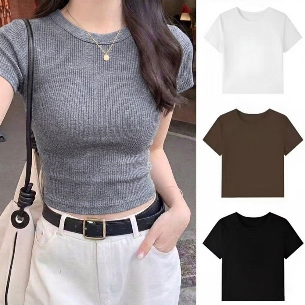 PLATINUM WORLD เสื้อครอปถักธรรมดา O คอ Fit Body - เสื้อเชิ้ตธรรมดาผู้หญิง A2