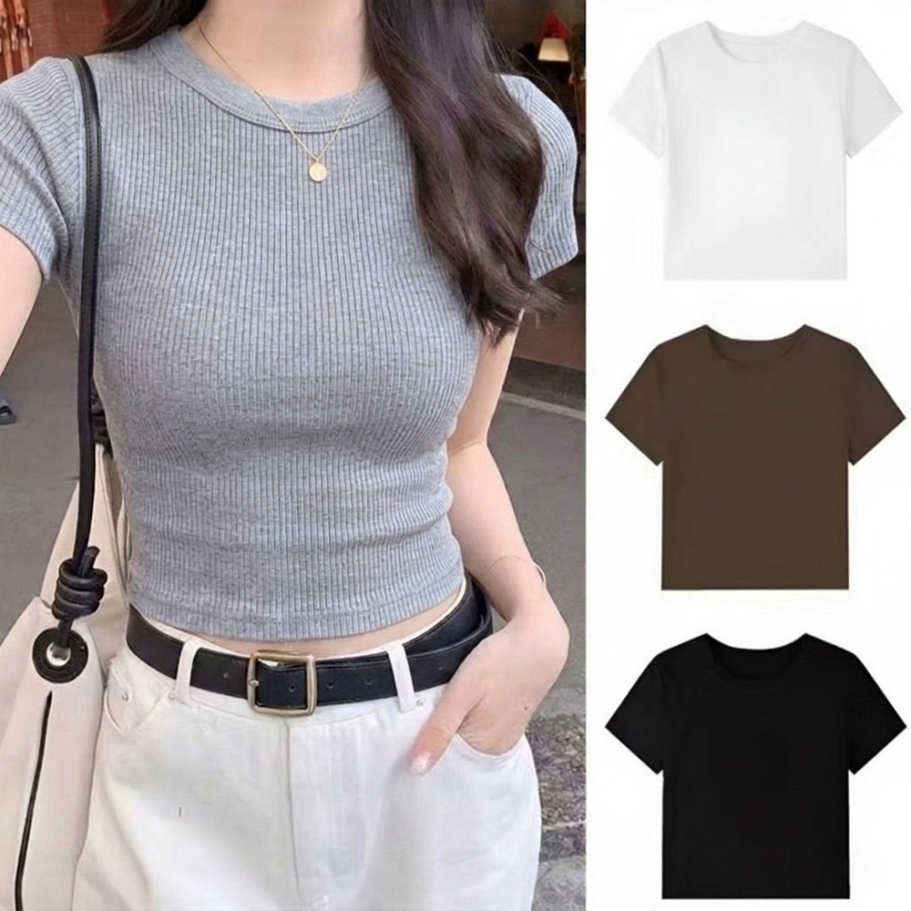 PLATINUM WORLD เสื้อครอปถักธรรมดา O คอ Fit Body - เสื้อเชิ้ตธรรมดาผู้หญิง A3