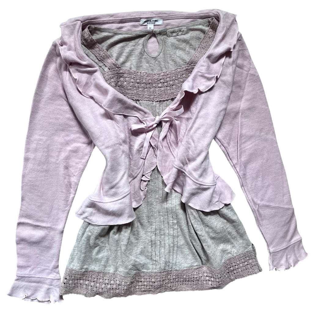 Ruffle Soft Pink Front Ribbon Fairycore V Neck คาร์ดิแกน + ตาไก่ Babydoll Squareneck Bohemian Top | 