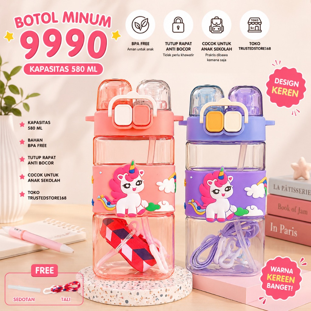 Gudangjam888 580ml ขวดดื่มสําหรับเด็กตัวการ์ตูนฟรีสายรัดและหลอด BPA ฟรี 2 วิธีดื่ม
