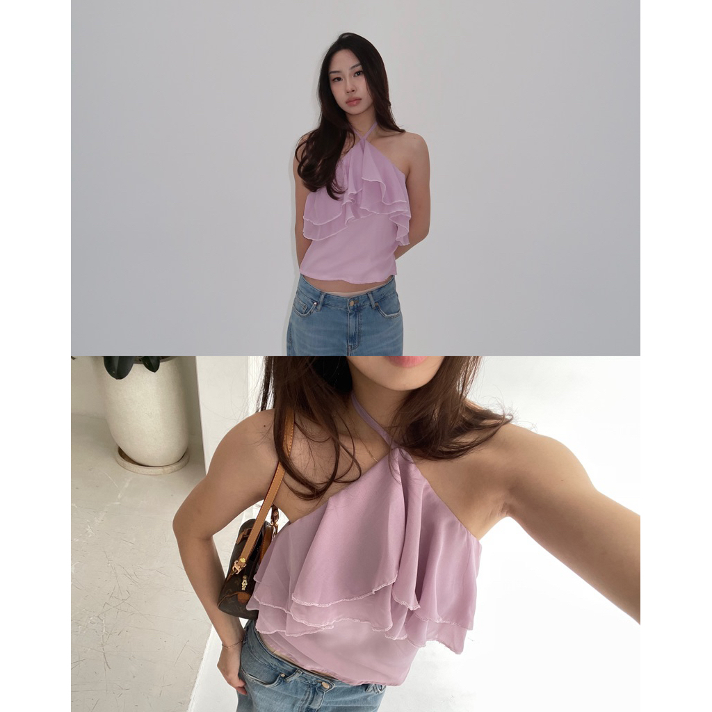 ฟริล ฮาลเตอร์ | Maison Cher Tassel Top Ruffle Tank ชิฟฟ่อน Coquette Basic อย่างเป็นทางการ Casual