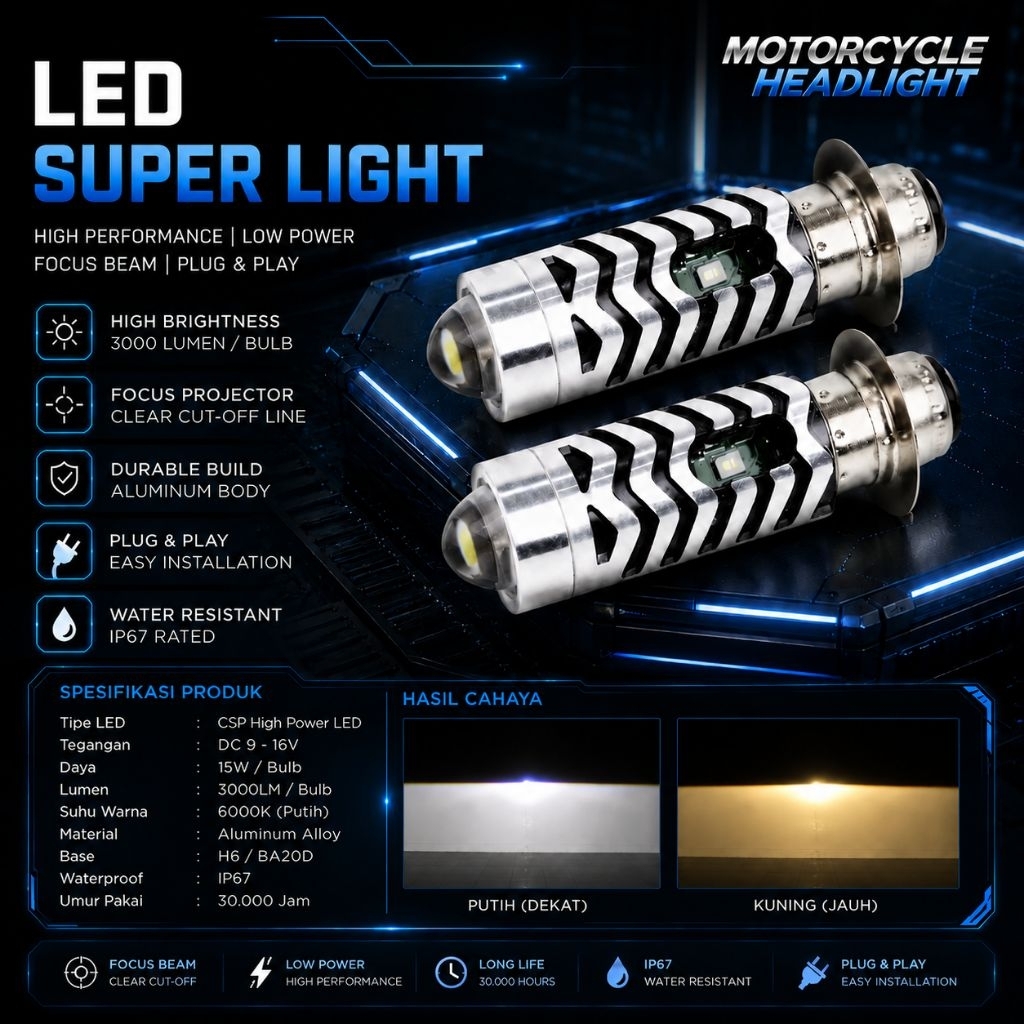 MOTORCYCLE HEAD LIGHT H6 D2 LASERGUN DEVIL EYES LED LIGHT H6 LASER HI LO DUAL BEAM 2 สี