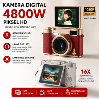 New Layar Balik 180° Kamera Digital 48MP 16X Zoom Kamera Digicam LCD 2,4 Inci 4K Vlog Anti Goyang Filter Kamera Pocket untuk Hadiah Pemula Retro Kamera