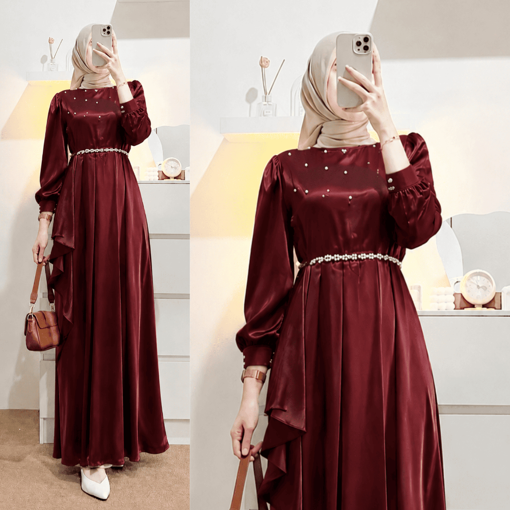 Adora Gamis Wedding Plain Satin Silk Rample Premium Dress ข้อเสนอรับปริญญาเพื่อนเจ้าสาวหรูหรา