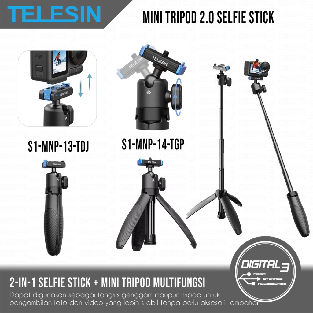 TELESIN Mini ขาตั้งกล้อง Selfie Stick 2in1 Quick Release GoPro HERO13 DJI Osmo Action 5 Pro 4 3 ขยาย