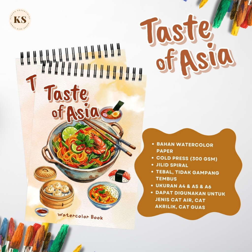 TASTE OF ASIA สมุดระบายสีสีน้ําสมุดสเก็ตช์ภาพสําหรับวัยรุ่นและผู้ใหญ่ ธีมอาหารและเครื่องดื่ม สารานุกรมเอเชีย สุนทรียศาสตร์