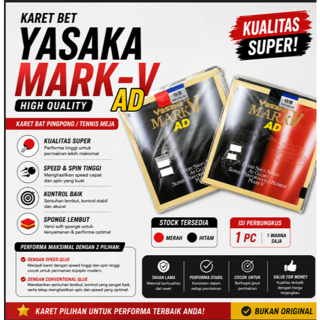 MERAH BAD RUBBER / BET / BAT PINGPONG MARK - V AD / TENERGY 05 64 80 FX - IMPORT RED BLACK