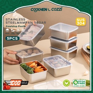 Cookhen Food Box Sus 304 Isi 5Pcs Tutup Plastik Kapasitas Kecil Anti Karat Wadah Makanan Multifungsi Stainless Steel-COD