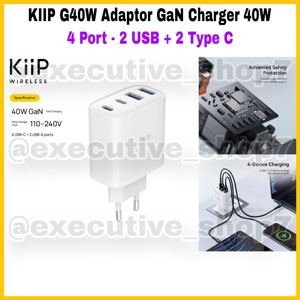 KIIP G40W Adapter GaN Charger 40W - 4 พอร์ต - 2 USB + 2 Type C