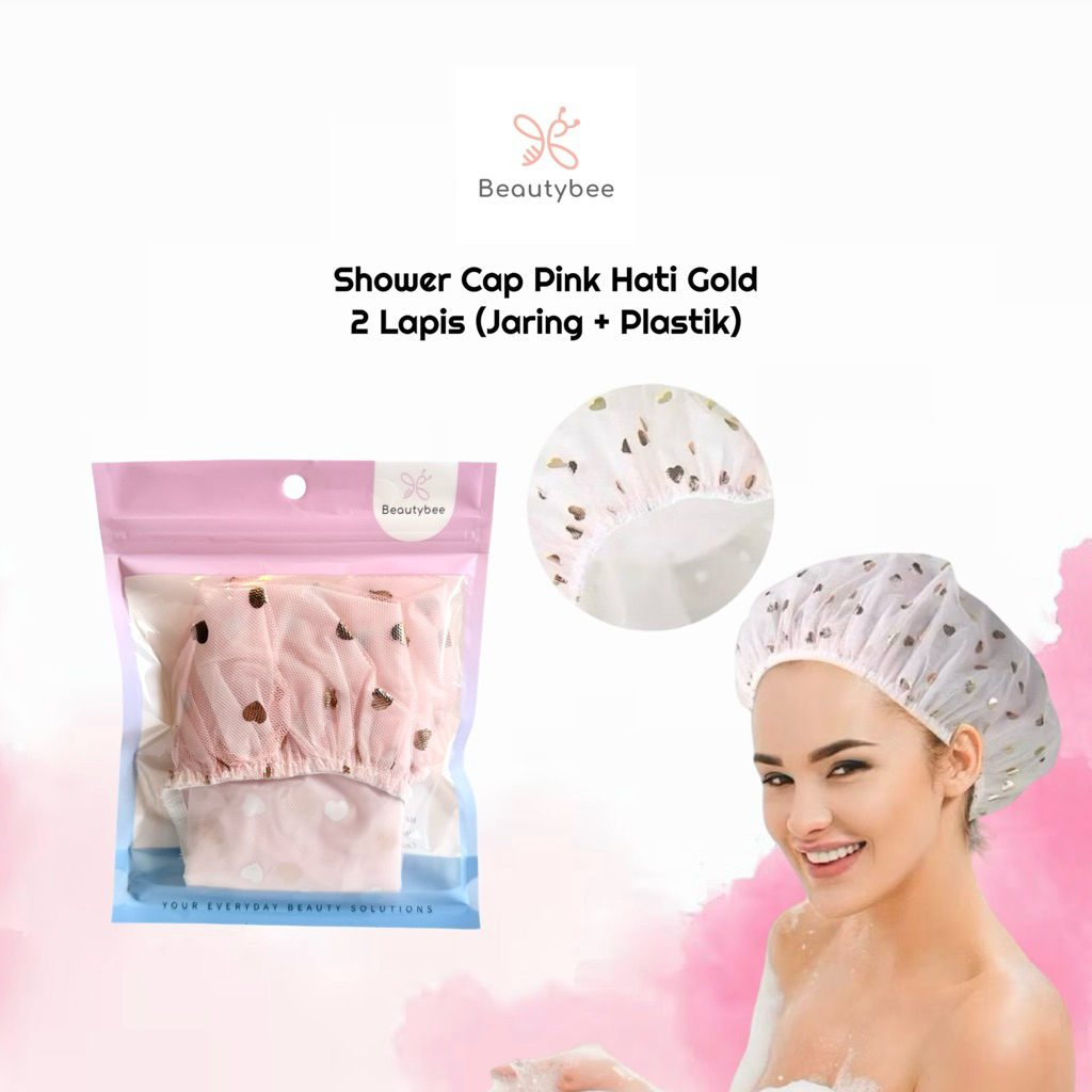 BEAUTYBEE PREMIUM NET SHOWER CAP WITH HEART MOTIF ในสีชมพู (YT019)