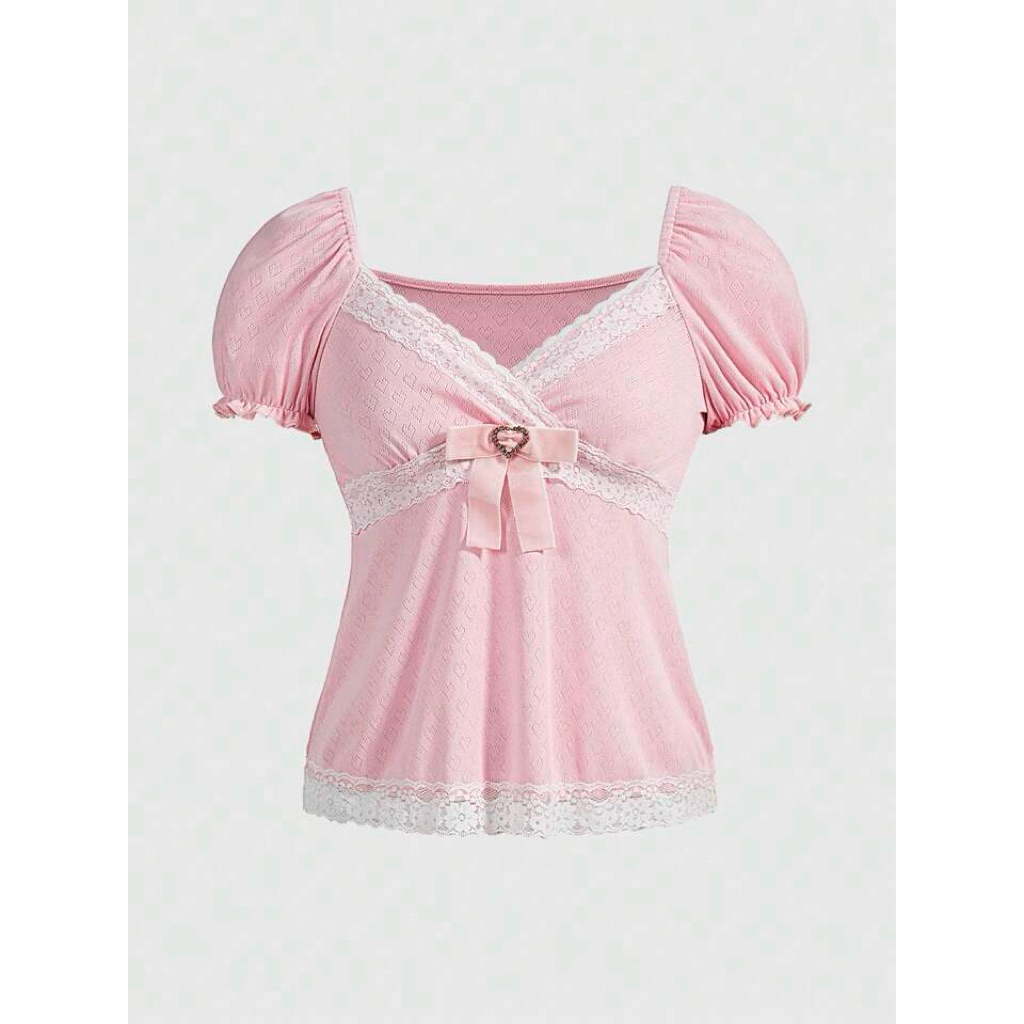 หัวใจสีชมพูถักด้านบน Babydoll Coquette Dollette Kawaii ลูกไม้ Shoujo สาว Sabrina
