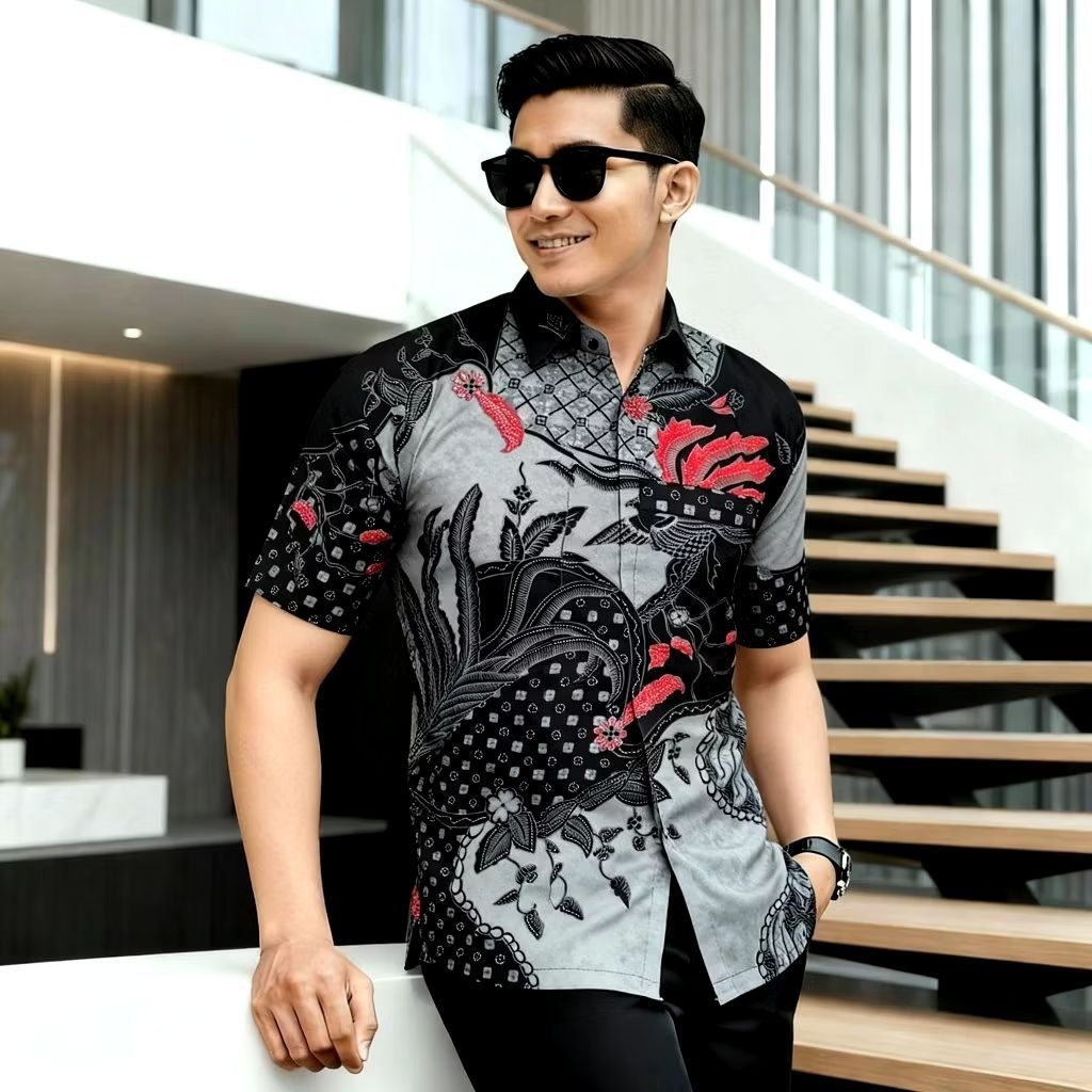 KEMEJA Premium Smooth Short Sleeve Mens Batik HRB026 - SHORT SLEEVE MENS BATIK SHIRT with Gagak Grey Motif