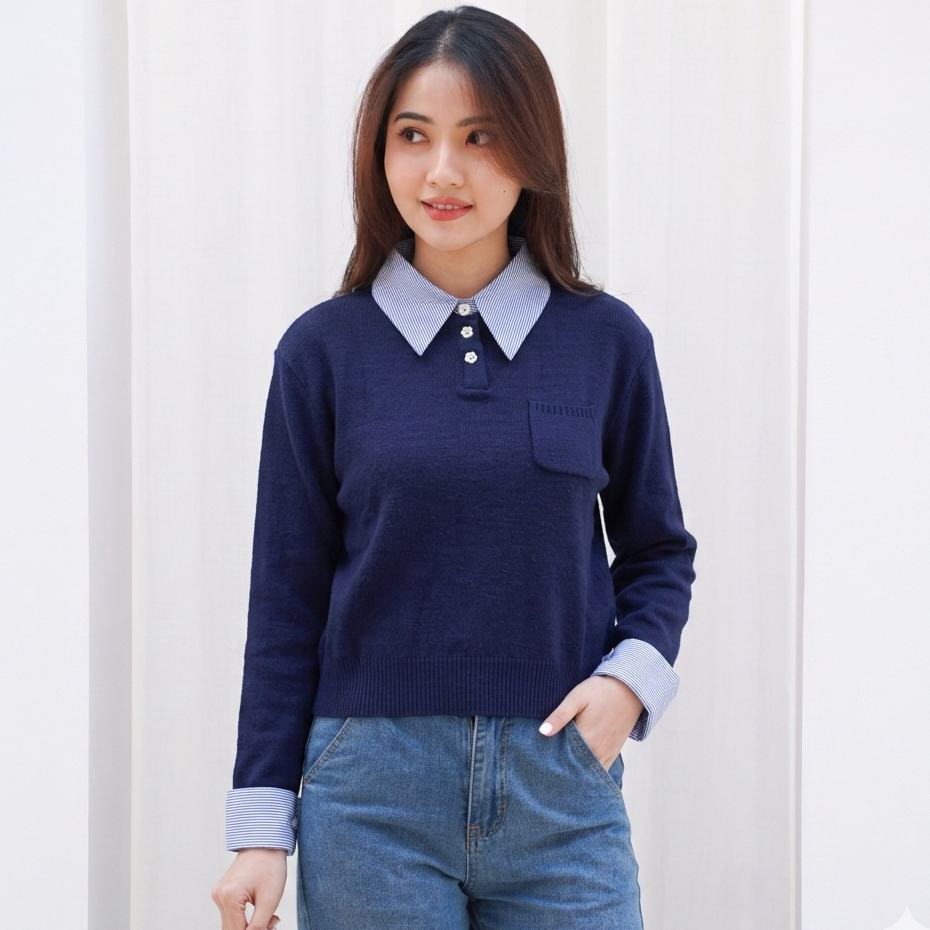 MKY CLOTHING FLOWER BUTTON BLOUSE STRIPED COLLAR KNIT BLOUSE