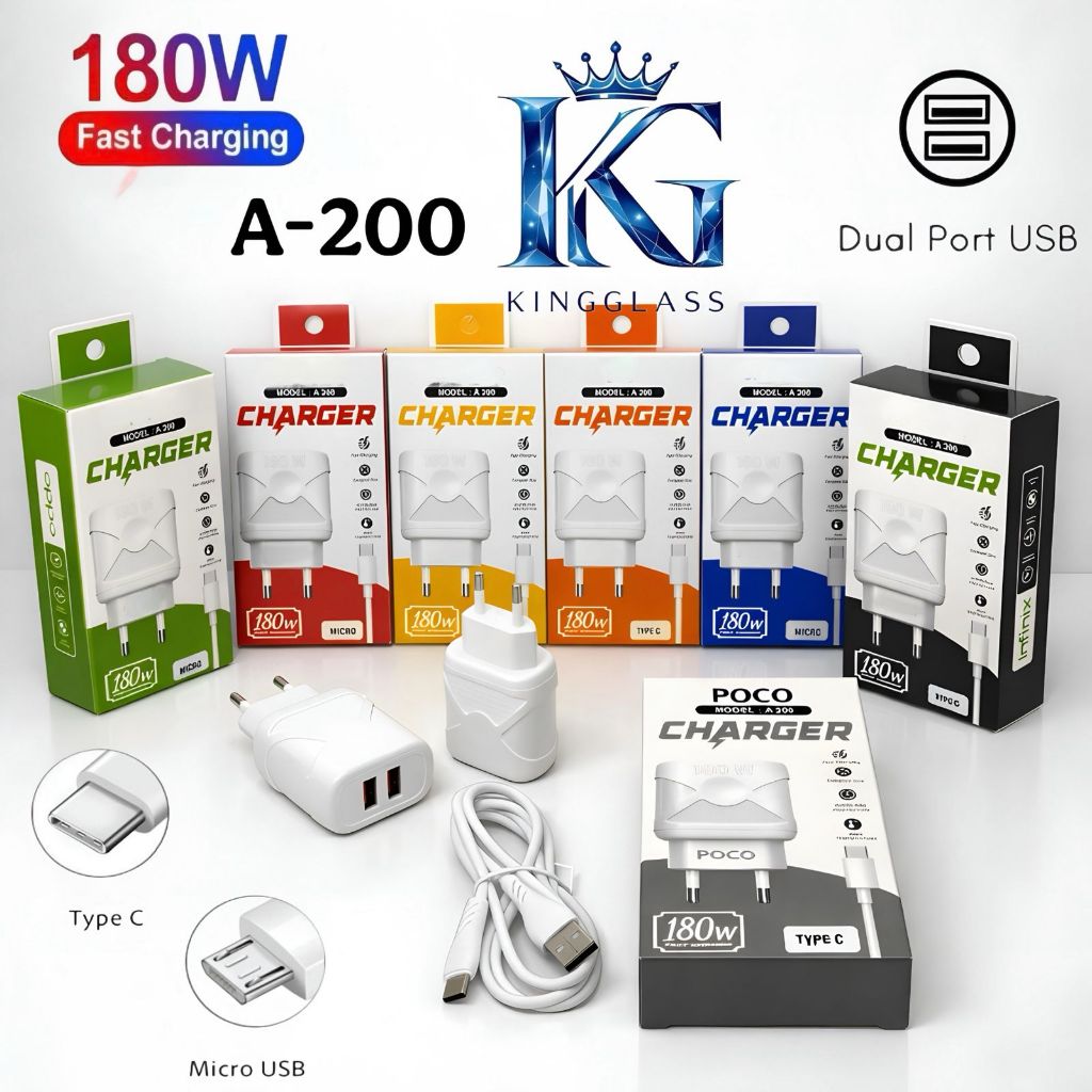 A-200 180W Dual USB Port Charger + Type C / Micro Cable เข้ากันได้กับ Android ทั้งหมด [BAA]