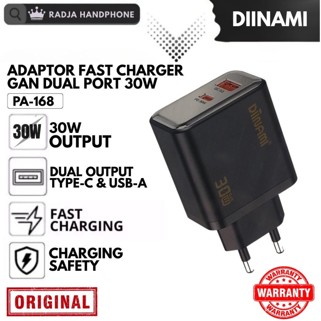 Diinami PA-168 Dual Port USB-A USB-C 30W อะแดปเตอร์ GaN Fast Charging