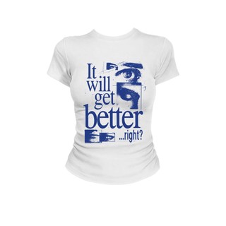 Nowandhere American Y2K Slimfit Croptee Atasan Wanita Kekinian 2026 Summer New Crop Top "It Will Get Better" Print