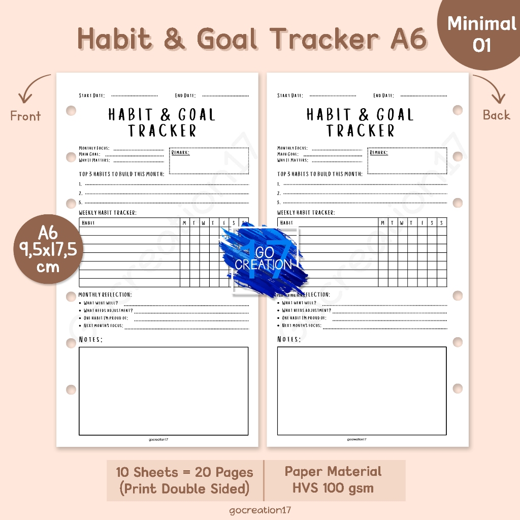 Planner Book Refill Paper Binder Habit and Goal Tracker Simple Minimalist A6