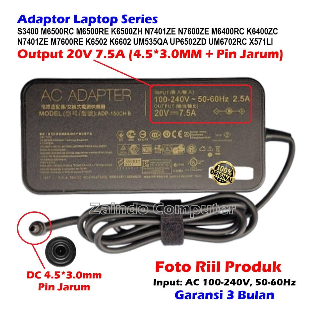 ASUS VIVOBOOK ADAPTER 20V 7.5A 4.5x3.0MM NEEDLE PIN OLED N7401ZE N7600ZE M6400RC K6400ZC K6502 K6502