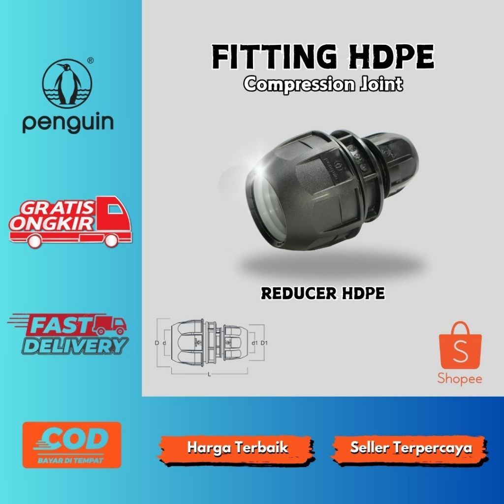 อุปกรณ์เสริมขั้วต่อท่อ HDPE ตรา Penguin ( ข้อต่อลดการบีบอัด HDPE) ขนาด 2-1/2x2" (75x63mm)