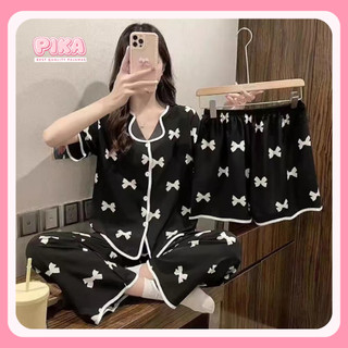 PIKA Piyama Wanita 3 in 1 Set Baju Tidur Perempuan Remaja Dewasa Lembut Bahan Katun Poliester Adem Serap Keringat Lengan Pendek Panjang Celana Panjang Motif Karakter Animasi Lucu Kekinian Terbaru Cocok Untuk Harian Santai Jumbo Murah Free Size PY031