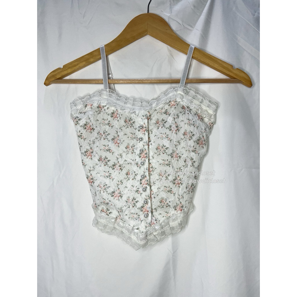 [พร้อมทุกวัน Kawaii Y2K Coquette Mori Goth Vintage Outfit] Tanktop Camisole ดอกไม้ด้านใน Brukat ลูกไ
