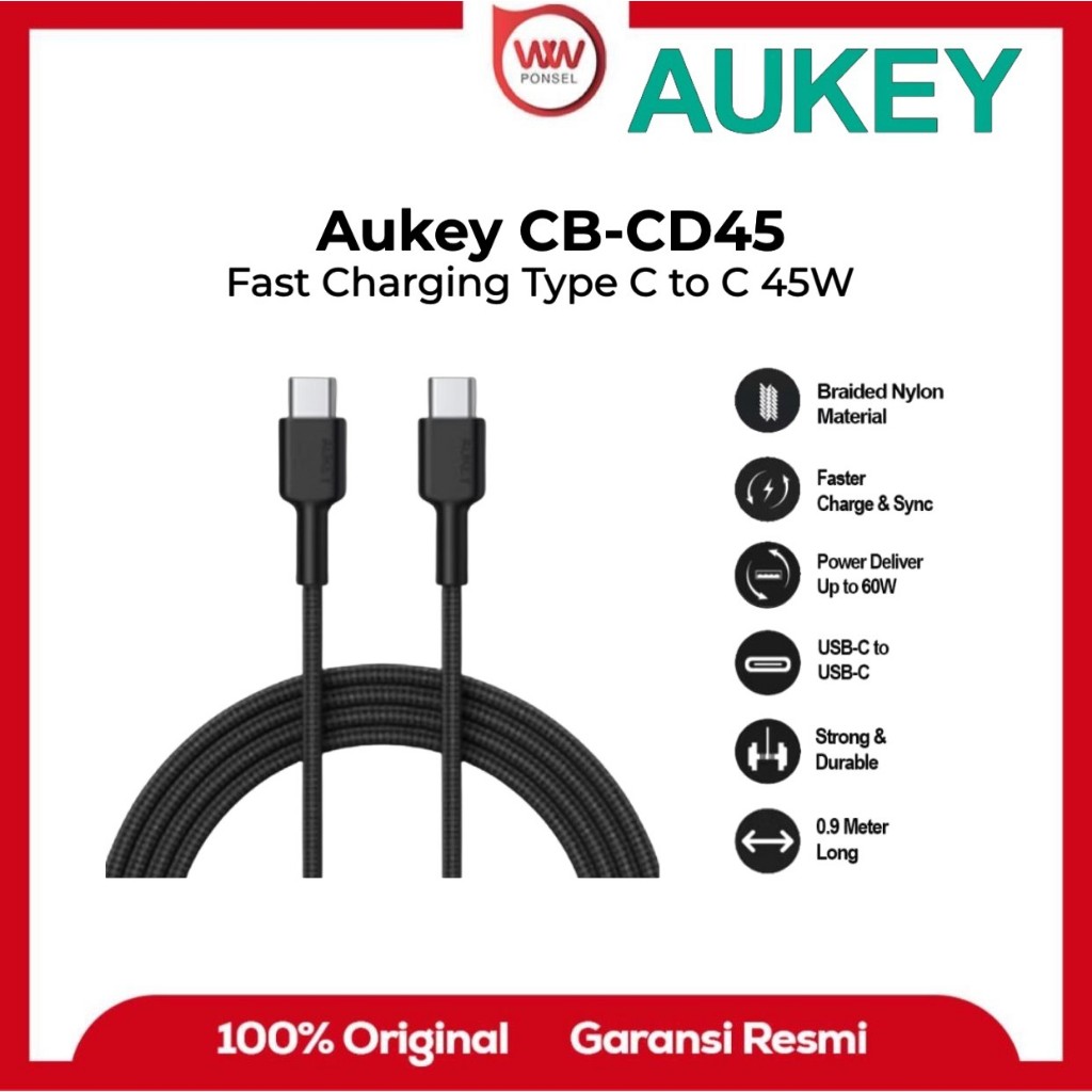 AUKEY CB-CD45 สาย USB Type C ถึง C 45W 0.9M วัสดุไนลอนถักชาร์จเร็วชาร์จเร็วสายไนลอนถัก