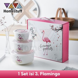 [SNI] HOMESTUFF Mangkok Saji Set Ceramic Tableware ISI 3 Dengan Penutup Mangkok Lauk Box Penyimpanan Makanan Aneka Motif